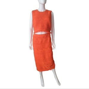 House of Harlow 1960 Orange Crochet Knit 2 Piece Midi Skirt Set Size Medium